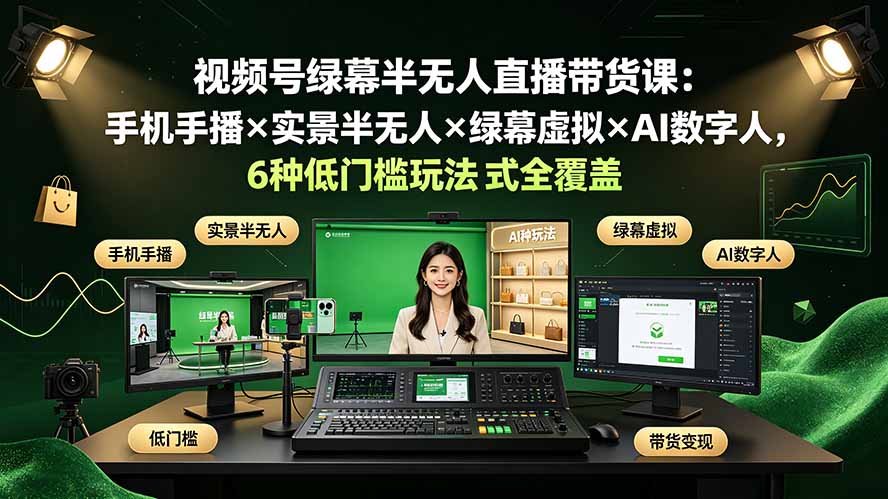 视频号绿幕半无人直播带货课：手机手播×实景半无人×绿幕虚拟×AI数字人，6种低门槛玩法全覆盖-dabaowz