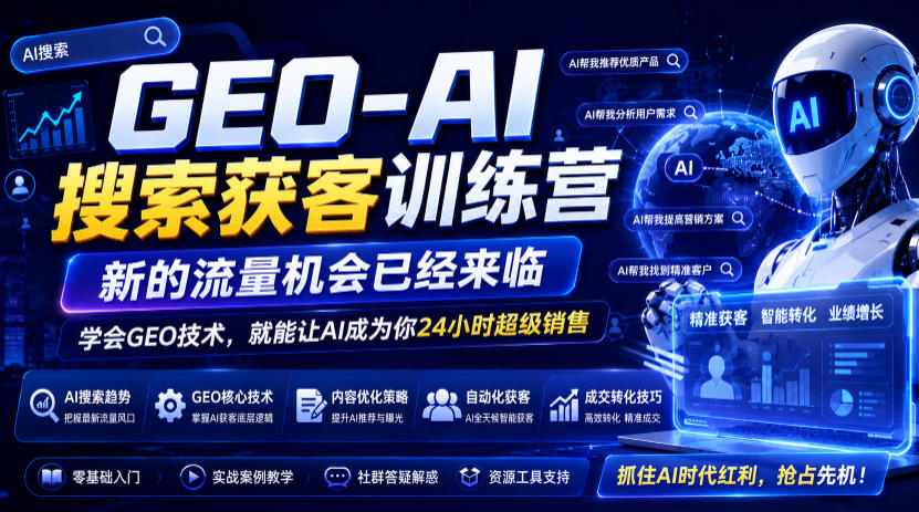 GEO-AI搜索获客训练营，新的流量机会已经来临，学会GEO技术，就能让AI成为你24小时超级销售-dabaowz