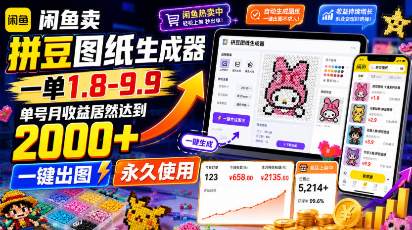 闲鱼卖拼豆图纸生成器，一单1.8-9.9，单号月收益居然达到2000+一键出图永久使用-dabaowz