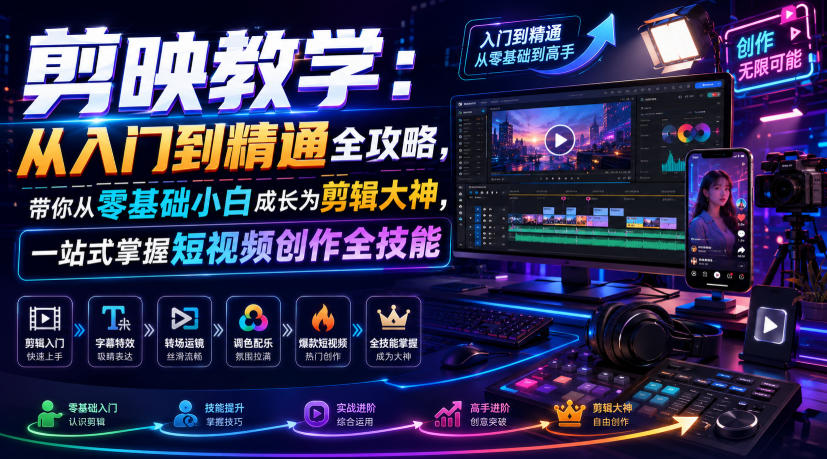 剪映教学：从入门到精通全攻略，带你从零基础小白成长为剪辑大神，一站式掌握短视频创作全技能-dabaowz