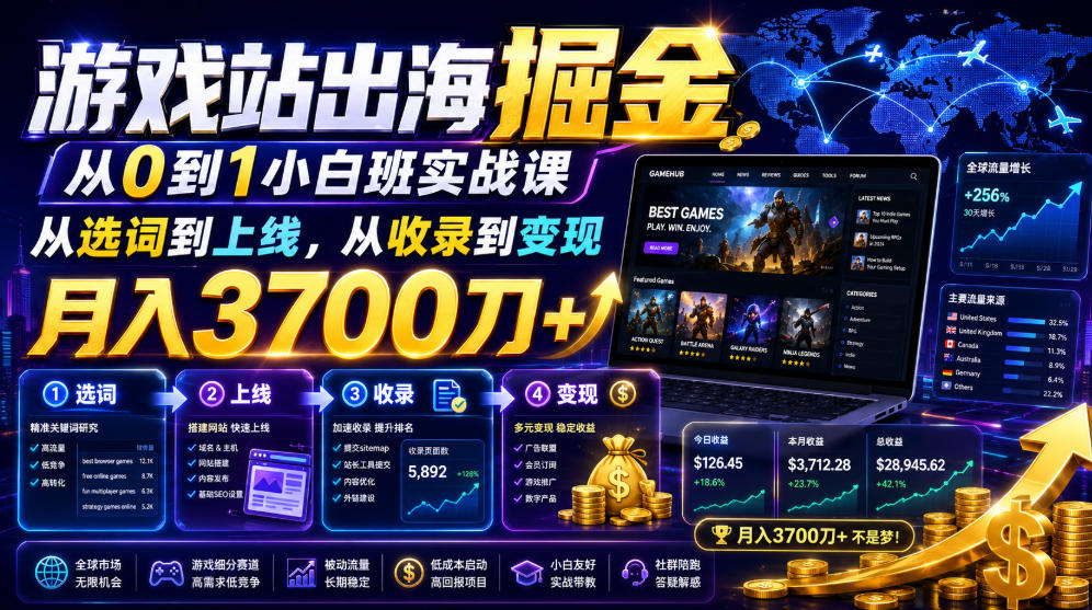 游戏站出海掘金从0到1小白实战课，从选词到上线，从收录到变现，月入3700刀+-dabaowz