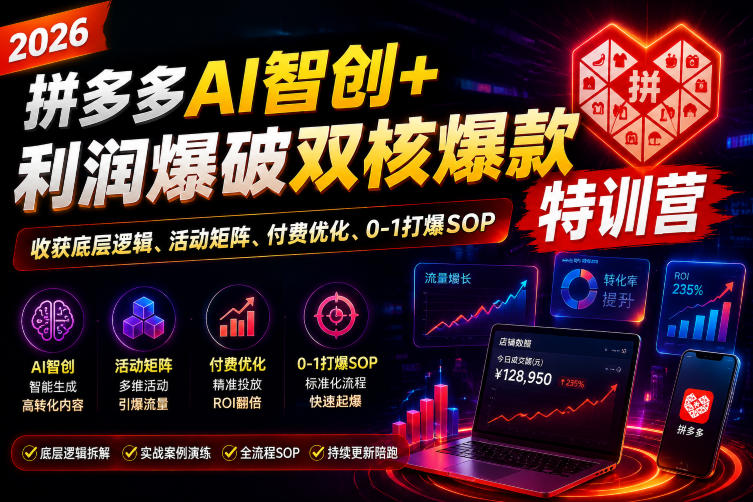 2026拼多多AI智创+利润爆破双核爆款特训营，收获底层逻辑、活动矩阵、付费优化、0-1打爆SOP-dabaowz