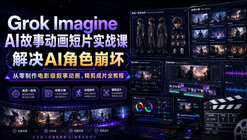 Grok Imagine AI故事动画短片实战课｜解决AI角色崩坏，从零制作电影级叙事动画、精剪成片全教程(中英字幕)-dabaowz