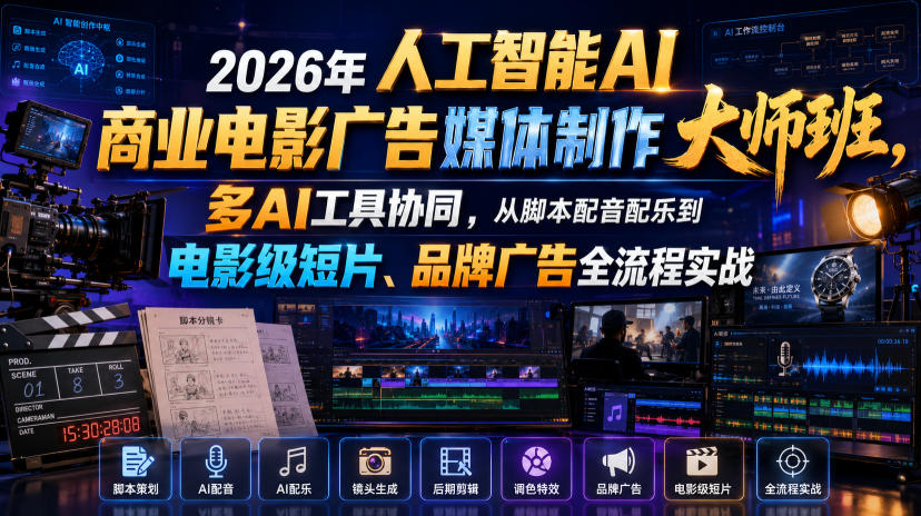 2026年人工智能AI商业电影广告媒体制作大师班，多AI工具协同，从脚本配音配乐到电影级短片、品牌广告全流程实战(中英字幕)-dabaowz