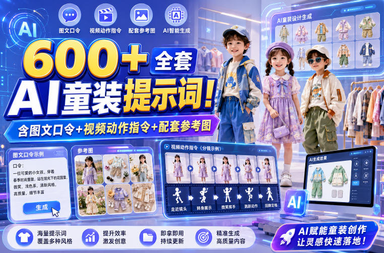 600+全套AI童装提示词！含图文口令+视频动作指令+配套参考图，Word-Excel规整分类，童装电商、种草无脑量产内容！-dabaowz