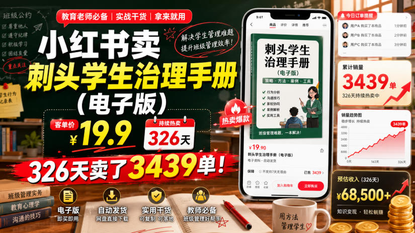 小红书卖刺头学生治理手册(电子版)，客单价19.9，326天卖了3439单！-dabaowz