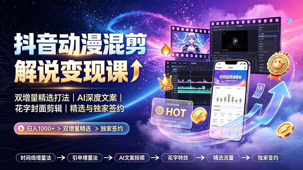 抖音动漫混剪解说变现课：双增量精选打法｜AI深度文案｜花字封面剪辑｜ 精选与独家签约日入1000+-dabaowz