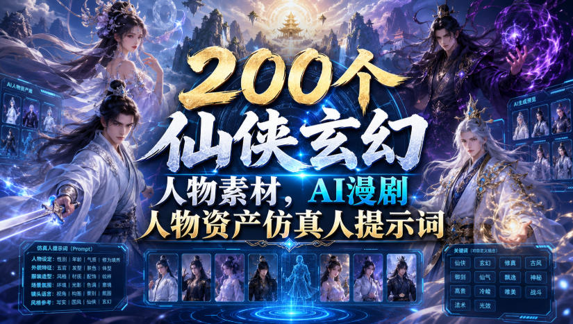 200个仙侠玄幻人物素材，AI漫剧人物资产仿真人提示词-dabaowz