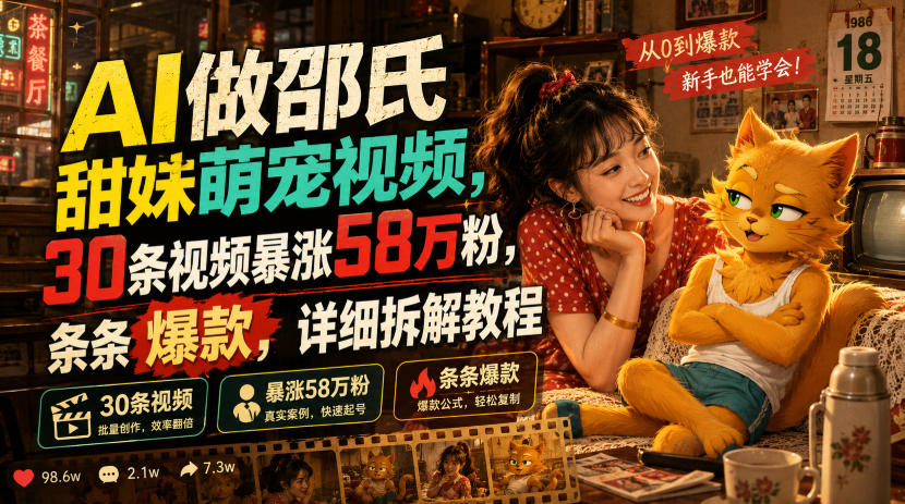 AI做邵氏甜妹萌宠视频，30条视频暴涨58万粉，条条爆款，详细拆解教程-dabaowz