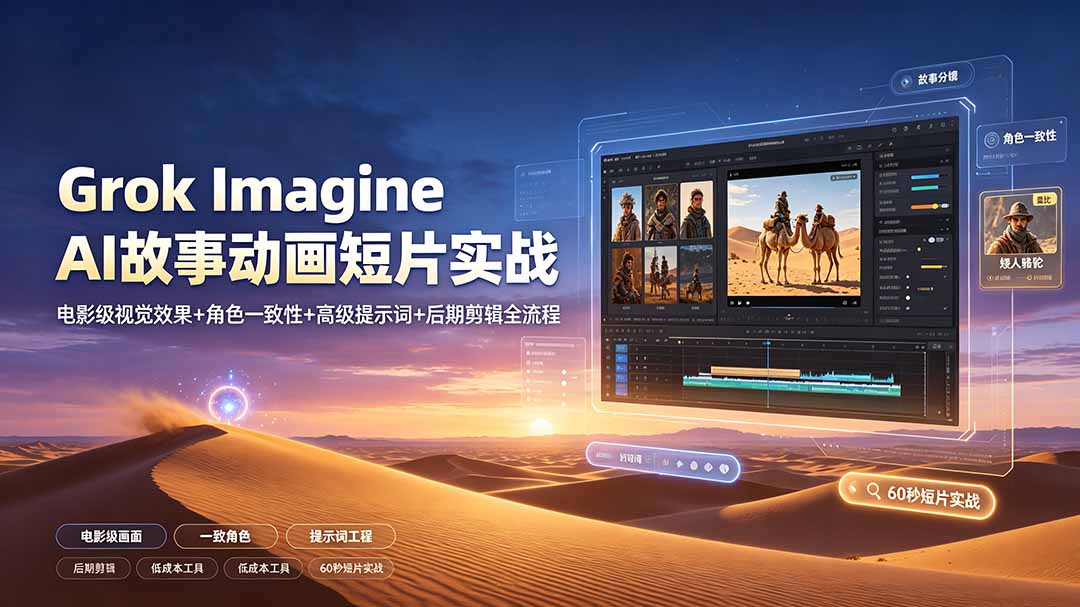 Grok Imagine AI故事动画短片实战：电影级视觉效果+角色一致性+高级提示词+后期剪辑全流程-dabaowz