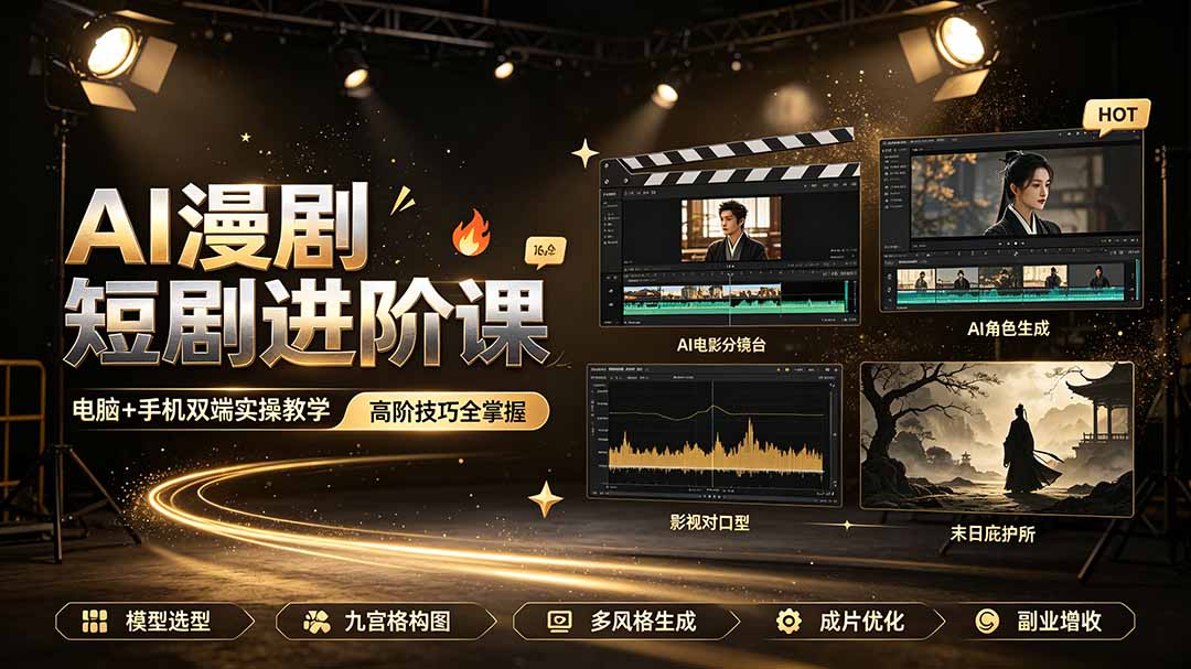 AI漫剧短剧进阶课｜电脑+手机双端实操教学｜影视剧对口型人物吃瓜×解压末日庇护所全程讲解，高阶技巧全掌握-dabaowz
