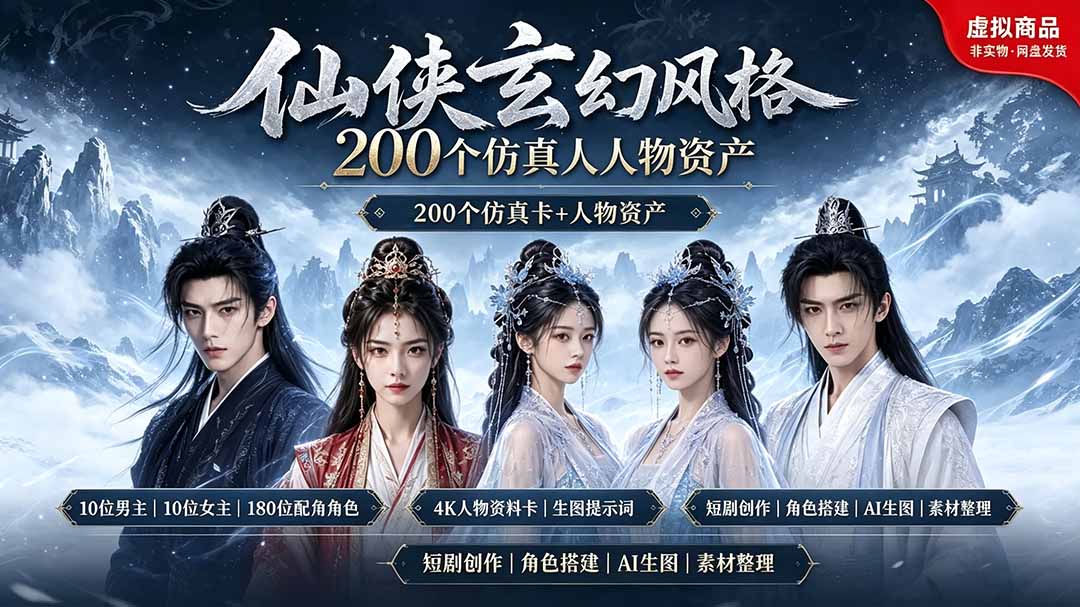 200个仙侠玄幻仿真人素材◆10男主×10女主×180配角，4K资料卡+AI生图提示词，漫剧必备-dabaowz