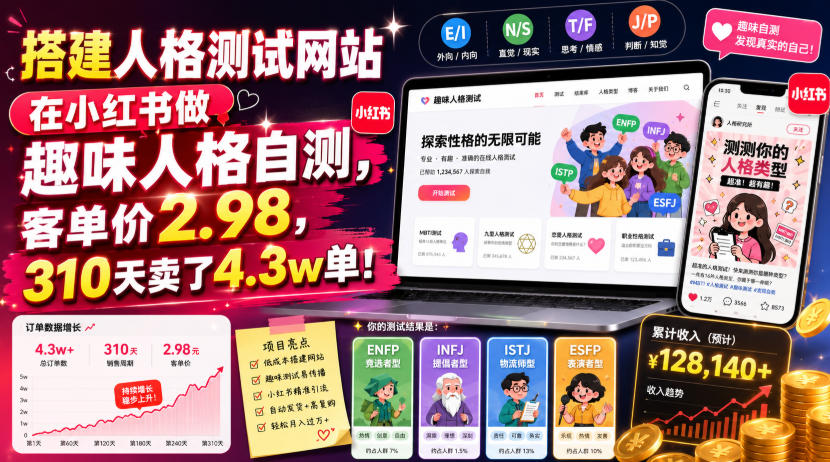 搭建人格测试网站在小红书做趣味人格自测，客单价2.98，310天卖了4.3w单！-dabaowz