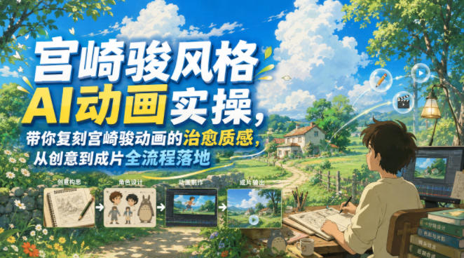 宫崎骏风格AI动画实操，带你复刻宫崎骏动画的治愈质感，从创意到成片全流程落地-dabaowz