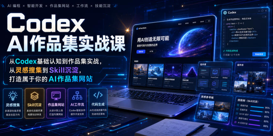 Codex AI作品集实战课，从Codex基础认知到作品集实战，从灵感搜集到Skill沉淀，打造属于你的AI作品集网站-dabaowz