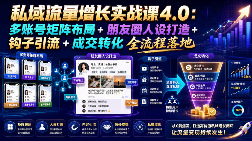 私域流量增长实战课4.0：多账号矩阵布局+朋友圈人设打造+钩子引流+成交转化全流程落地-dabaowz