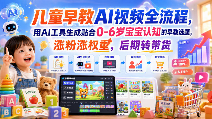 儿童早教AI视频全流程，用AI工具生成贴合0-6岁宝宝认知的早教选题，涨粉涨权重，后期转带货-dabaowz