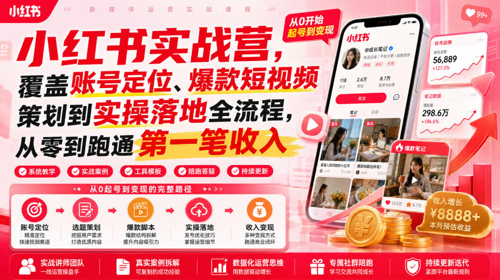 小红书实战营，覆盖账号定位、爆款短视频策划到实操落地全流程，从零到跑通第一笔收入-dabaowz