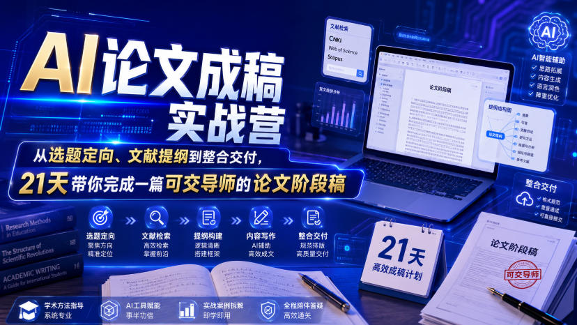 AI论文成稿实战营，从选题定向、文献提纲到整合交付，21天带你完成一篇可交导师的论文阶段稿-dabaowz