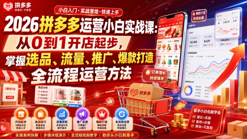 2026拼多多运营小白实战课：从0到1开店起步，掌握选品、流量、推广、爆款打造全流程运营方法-dabaowz