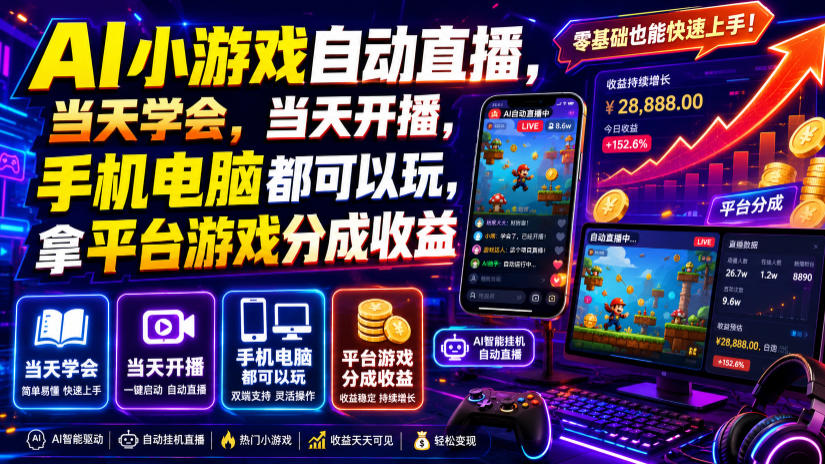 AI小游戏自动直播，当天学会，当天开播，手机电脑都可以玩，拿平台游戏分成收益-dabaowz