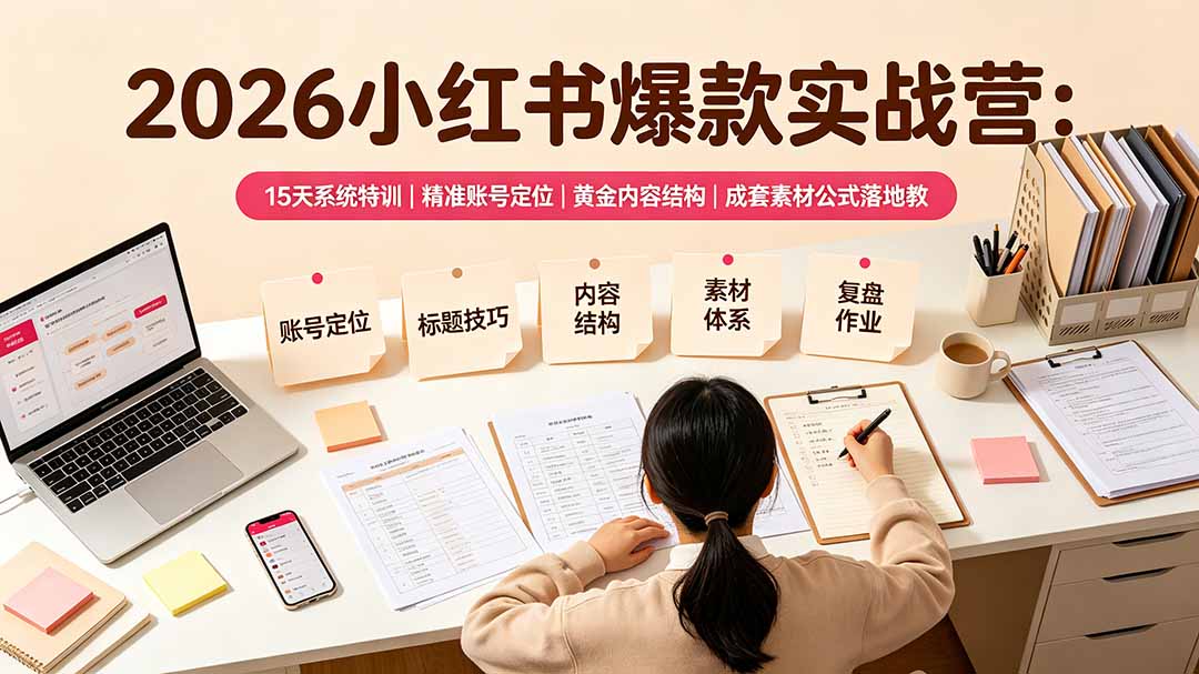 2026小红书爆款实战营：15天系统特训｜精准账号定位｜黄金内容结构｜成套素材公式落地教程-dabaowz