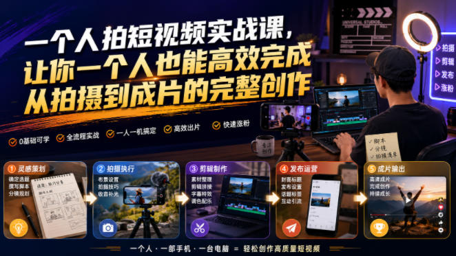 一个人拍短视频实战课，让你一个人也能高效完成从拍摄到成片的完整创作-dabaowz