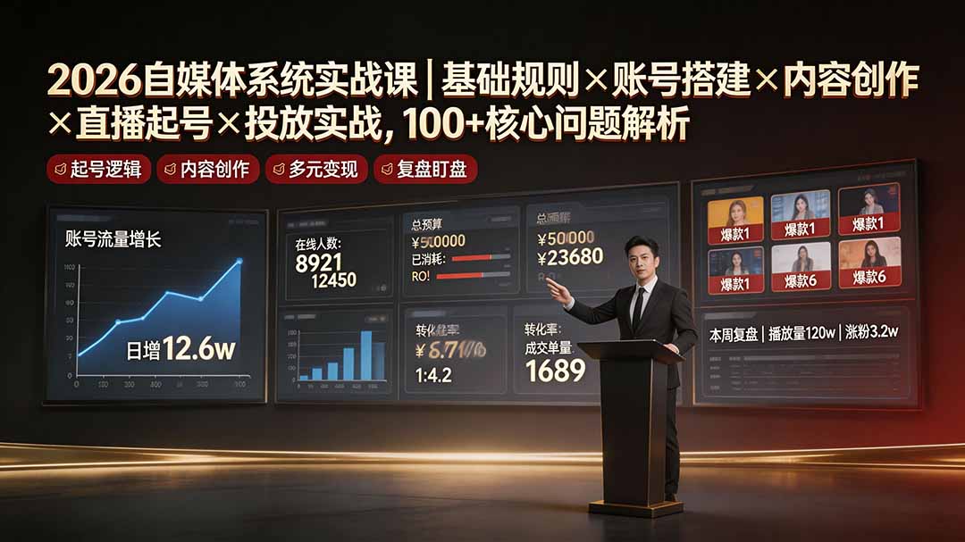 2026自媒体系统实战课｜基础规则×账号搭建×内容创作×直播起号×投放实战，100+核心问题解析-dabaowz