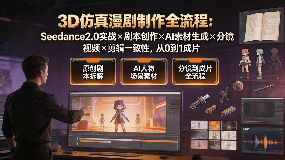 3D仿真漫剧制作全流程：Seedance2.0实战×剧本创作×AI素材生成×分镜视频×剪辑一致性，从0到1成片-dabaowz