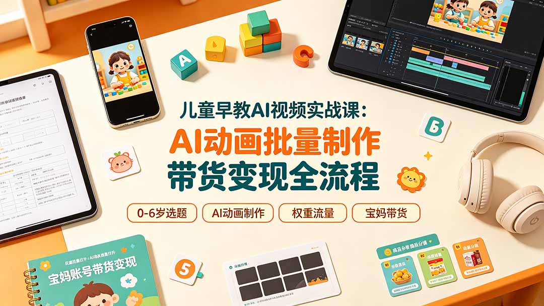 儿童早教AI视频实战课：0-6岁认知选题｜AI动画批量制作｜权重流量拉升｜宝妈账号带货变现全流程-dabaowz