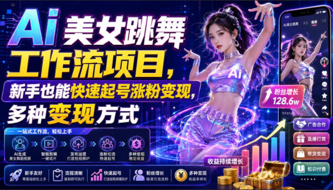 Ai美女跳舞工作流项目，新手也能快速起号涨粉变现，多种变现方式-dabaowz