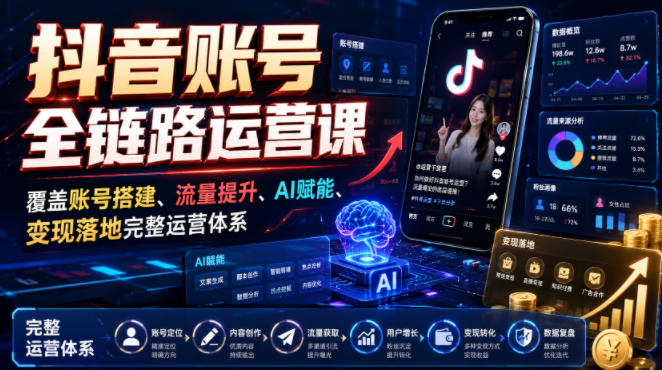 抖音账号全链路运营课，覆盖账号搭建、流量提升、AI赋能、变现落地完整运营体系-dabaowz
