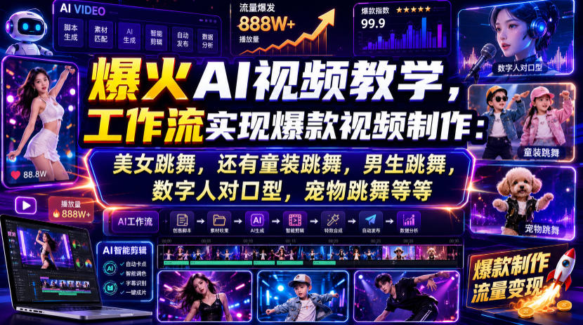 爆火AI视频教学，工作流实现爆款视频制作：美女跳舞，还有童装跳舞，男生跳舞，数字人对口型，宠物跳舞等等-dabaowz