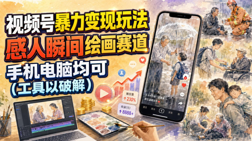 视频号暴力变现玩法，感人瞬间绘画赛道，手机电脑均可-dabaowz