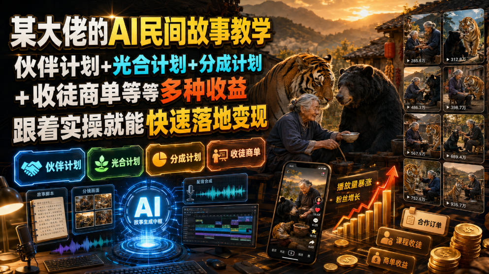 某大佬的AI民间故事教学，伙伴计划+光合计划+分成计划+收徒商单等多种收益，跟着实操就能快速落地变现-dabaowz