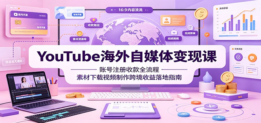 YouTube海外自媒体变现课：账号注册收款全流程，素材下载视频制作跨境收益落地指南-dabaowz