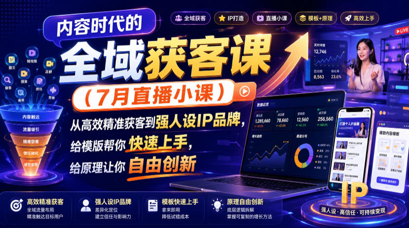 内容时代的全域获客课(7月直播小课)，从高效精准获客到强人设IP品牌，给模版帮你快速上手，给原理让你自由创新-dabaowz