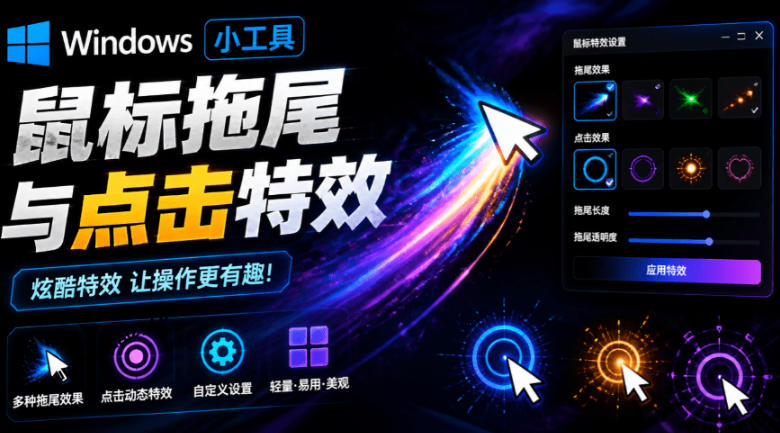 Windows特效小工具！一键给你的鼠标添加拖尾与点击动态特效，吾爱出品，免费使用Mouse Trail-dabaowz