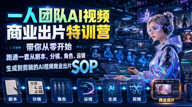 一人团队AI视频商业出片实战课：带你从零开始跑通一套从剧本、分镜、角色、运镜、生成到剪辑的AI视频商业出片SOP-dabaowz