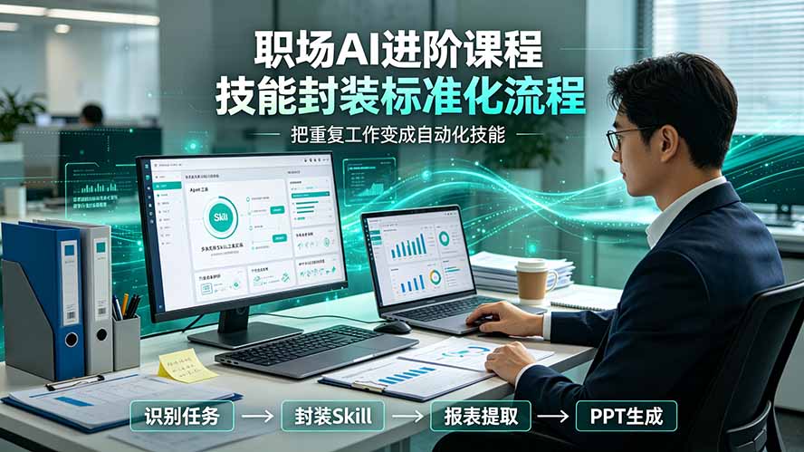 职场AI进阶课程；多类实用Skill工具实操，专属技能封装标准化流程，报表行业报告一键提取核心内容-dabaowz