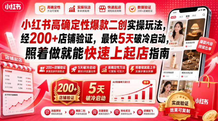 小红书高确定性爆款二创实操玩法，经200+店铺验证，最快5天破冷启动，照着做就能快速上起店指南-dabaowz