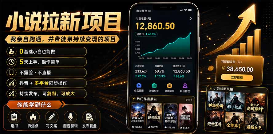 抖音及多平台小说拉新项目：我亲自跑通并持续带徒弟实操｜0基础小白5天上手快速变现-dabaowz
