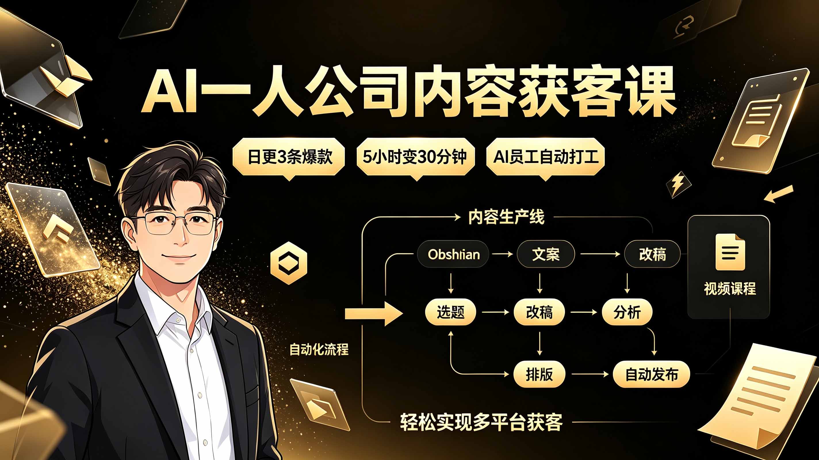 AI一人公司内容获客课：日更3条爆款×5小时变30分钟×AI员工自动打工，轻松实现多平台获客-dabaowz