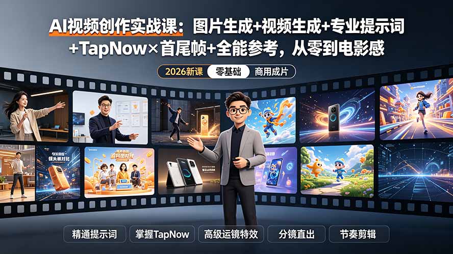 AI视频创作实战课：图片生成+视频生成+专业提示词+TapNow×首尾帧+全能参考，从零到电影感成片-dabaowz