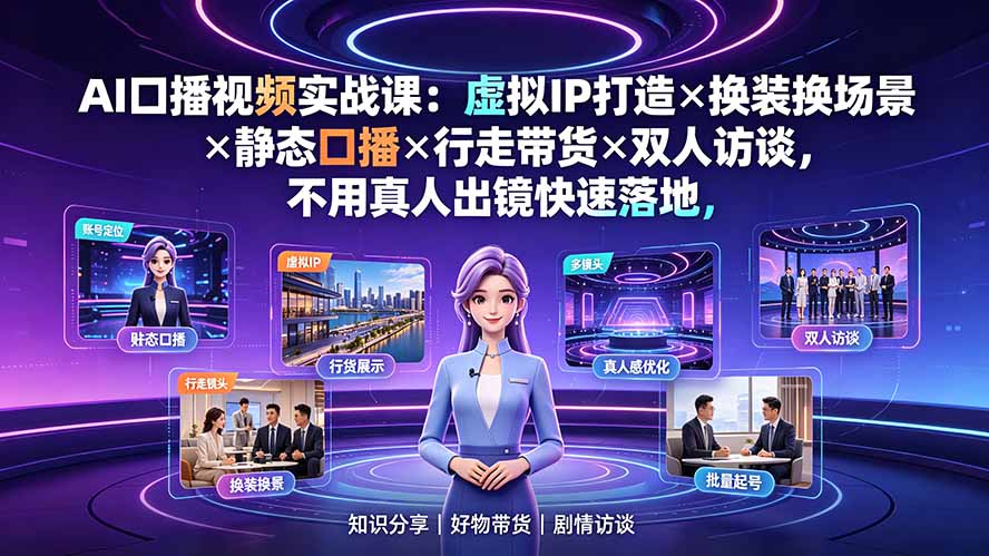 AI口播视频实战课：虚拟IP打造×换装换场景×静态口播×行走带货×双人访谈，不用真人出镜快速落地-dabaowz