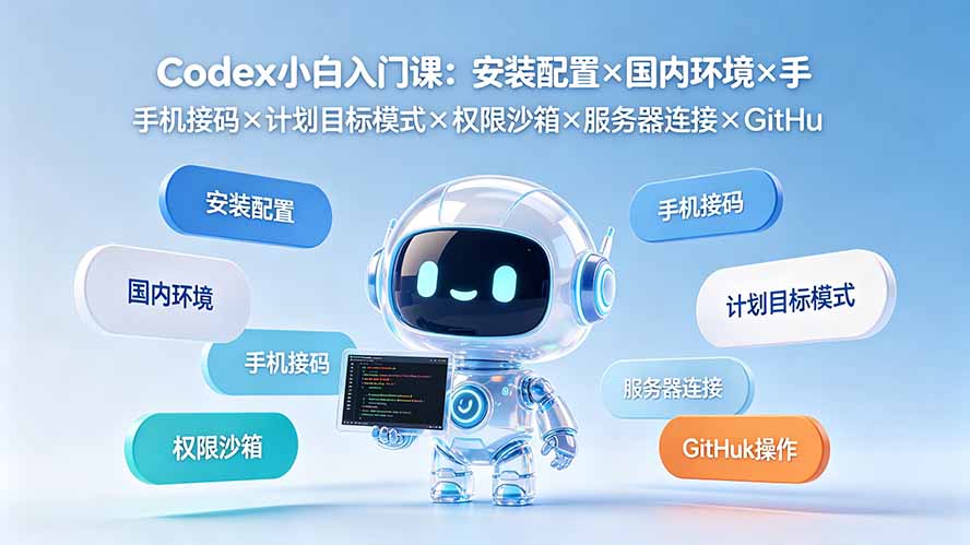 Codex小白入门课：安装配置×国内环境×手机接码×计划目标模式×权限沙箱×服务器连接×GitHub操作-dabaowz