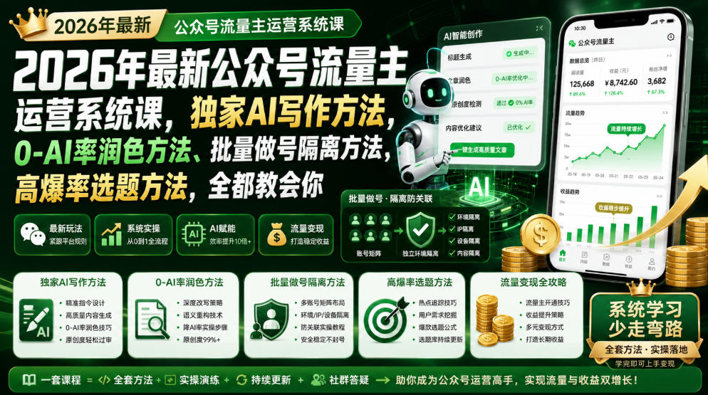 2026年最新公众号流量主运营系统课，独家AI写作方法，0-AI率润色方法、批量做号隔离方法、高爆率选题方法，全都教会你-dabaowz