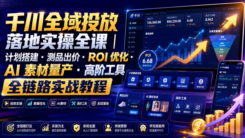 千川全域投放落地实操全课｜计划搭建・测品出价・ROI优化・AI素材量产・高阶工具全链路实战教程-dabaowz