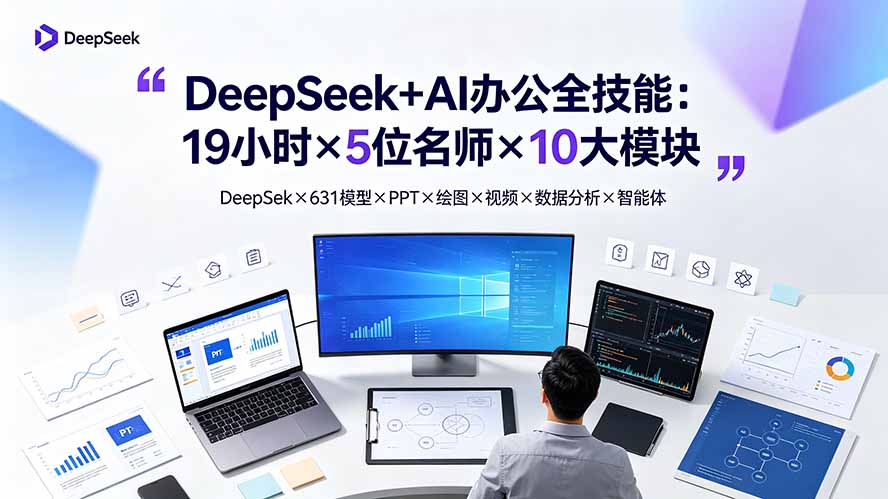 DeepSeek+AI办公全技能：19小时×5位名师×10大模块，DeepSeek×631模型×PPT×绘图×视频×数据分析×智能体-dabaowz