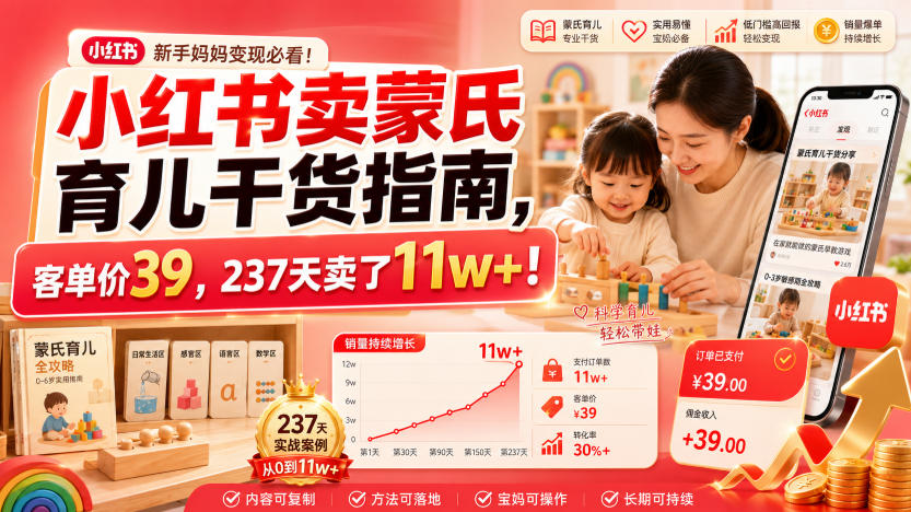 小红书卖蒙氏育儿干货指南，客单价39，237天卖了11w+！-dabaowz
